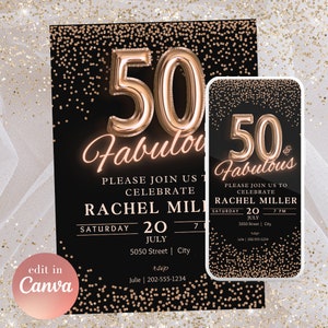 50. GEBURTSTAG-EINLADUNG, druckbare 50 und fabelhafte, Canva bearbeitbare Vorlage Sofortiger Download Digitale Einladung, 5x7-Karte Schwarz Rose Gold Glitter