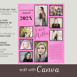 Canva YEARBOOK AD VORLAGE Bearbeitbare Datei, Senior Year Book, personalisiertes druckbares Design ganzseitig, Pink oder benutzerdefinierte Fotocollage, kostenlose Schriftarten