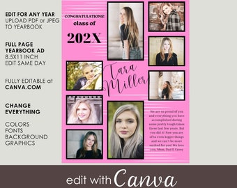 Canva YEARBOOK AD TEMPLATE Editable File, Senior Year Book, Personalized Printable Design Full Page, Pink or Custom Photo Collage Free Fonts
