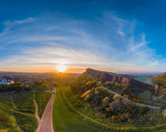 Salisbury Crags Edinburgh Print | Scottish Landscape Wall Art | Warm Amber Light Giclee Print