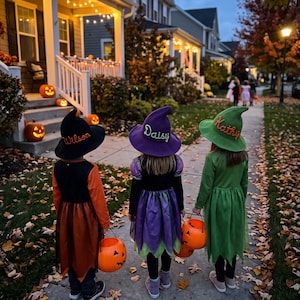 May include: Three children wearing pointed witch hats with the names Wilson, Daisy, and Kathy embroidered on them. The hats are black, purple, and green. The children wear matching costumes and carry orange plastic pumpkin buckets for trick-or-treating.