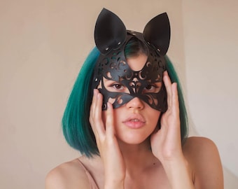 Genuine leather mask, cat mask for women, mask for masquerade and photo shoot