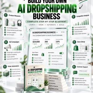 May include: A digital infographic titled Build Your Own AI Dropshipping Business with a central dashboard showing $24,680 revenue, 356 orders, and 3.8% conversion rate, surrounded by six numbered steps and a printed guide book.