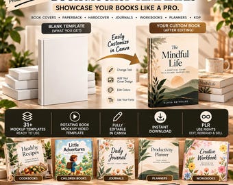 31+ Book Mockup Templates | Editable Canva Book Covers, Paperback & Journal Mockups, Rotating Book Mockup Video, KDP and Etsy Seller Kit