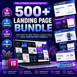 Paket med 500+ landningssidor | Premium Elementor-mallar Försäljningstrattar Webbinarier Leadgenerering Opt-in E-handelsmarknadsföringspaket