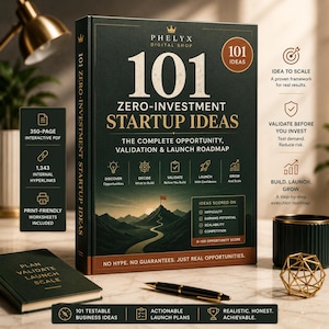 May include: A dark green hardcover book titled 101 Zero-Investment Startup Ideas with gold text and a mountain landscape illustration. The cover features a roadmap, icons for business growth, and a 0-100 opportunity score box on a marble surface.