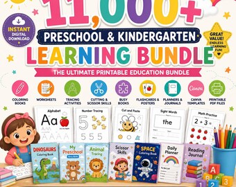 11,000+ Preschool Kindergarten Learning Bundle | Printable Worksheets Coloring Books Tracing Activities Kids Planner PDF