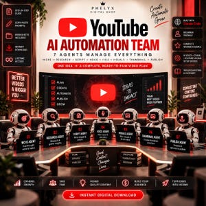May include: A digital graphic for a YouTube AI automation team product. Seven white robots sit at a conference table, each labeled with a specific task from niche research to publishing. The text includes 'YouTube AI AUTOMATION TEAM' and '7 AGENTS MANAGE EVERYTHING' with a list of steps and features for content creation.