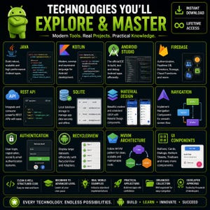 Pu&ograve; includere: Un'infografica educativa intitolata TECHNOLOGIES YOU'LL EXPLORE & MASTER con la mascotte Android. Mostra dodici moduli tecnici tra cui Java, Kotlin, Android Studio, Firebase, REST API, SQLite, Material Design, Navigation, Authentication, Recyclerview, MVVM Architecture e UI Components con icone e brevi descrizioni.