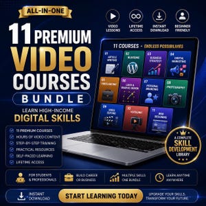 May include: A digital advertisement for an 11 premium video courses bundle featuring a laptop displaying a grid of 11 course icons including article writing, blogging, business strategy, digital marketing, freelancing, logo design, and web design.