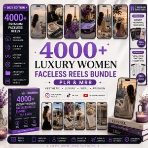May include: A digital product bundle featuring 4000+ luxury faceless reels for social media. The graphic displays multiple smartphone screens showing lifestyle imagery, a purple box, and a stack of books labeled Chanel, Louis Vuitton, and Dior.