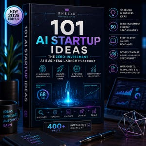 Peut inclure: Un livre noir intitulé 101 AI Startup Ideas: The Zero-Investment AI Business Launch Playbook, avec un graphique de fusée, des accents bleu néon et violet, et du texte détaillant 400+ pages, un PDF numérique interactif et des étapes de lancement.