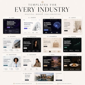 Landing Page Bundle displayed on a laptop showing modern website templates including SaaS, startup, AI, business, eCommerce, portfolio, and dashboard designs built with HTML5, React, Next.js, Bootstrap, Tailwind CSS, Vue, and Angular for web developers and designers.
Every Industry