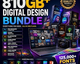 810GB Digital Design Bundle | 125K Fonts | PSD Mockups Canva Templates Logo Maker Graphics PNG AI Corel Adobe Resources
