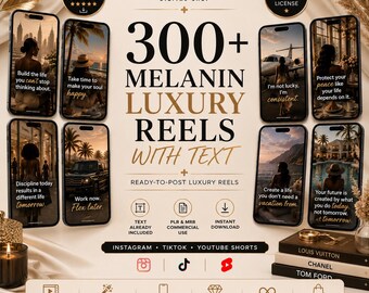 300+ Melanin Reels with Text Bundle |  Luxury Aesthetic Reels for Instagram, TikTok & YouTube Shorts, PLR MRR Money, Beach, Fashion, Cars