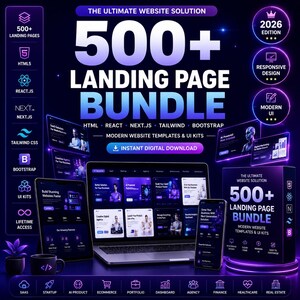 500+ Premium Landing Pages Bundle | HTML, React, Next.js, Tailwind, Bootstrap Website Templates & UI Kits | Saas Portfolio Ecom Agency Hotel