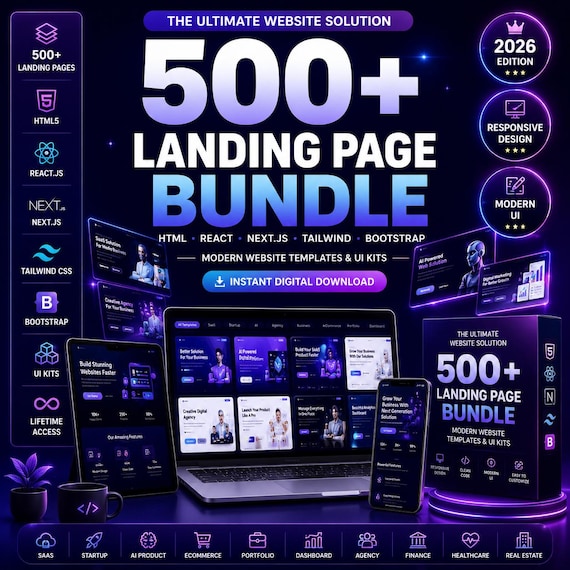 500+ Premium Landing Pages Bundle | HTML, React, Next.js, Tailwind, Bootstrap Website Templates & UI Kits | Saas Portfolio Ecom Agency Hotel