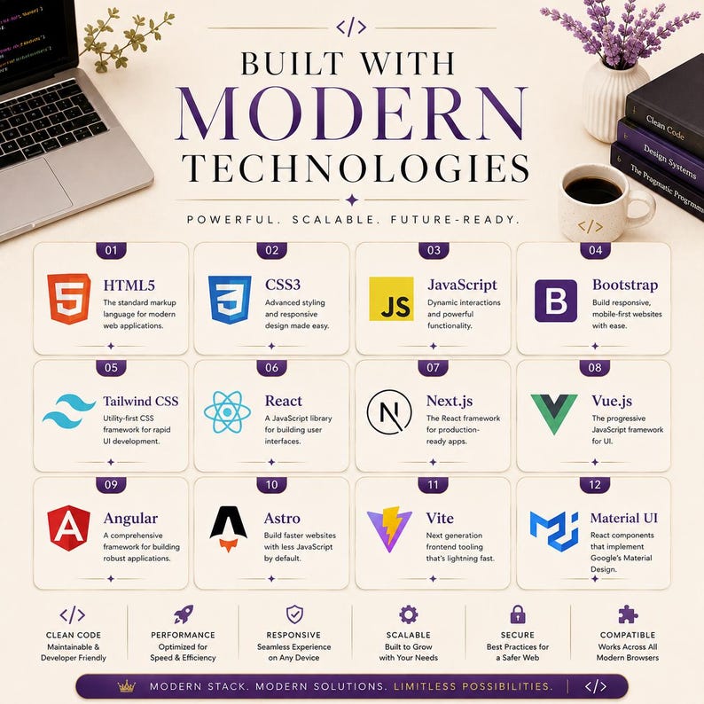 Landing Page Bundle displayed on a laptop showing modern website templates including SaaS, startup, AI, business, eCommerce, portfolio, and dashboard designs built with HTML5, React, Next.js, Bootstrap, Tailwind CSS, Vue, and Angular for web developers and designers.
Technologies