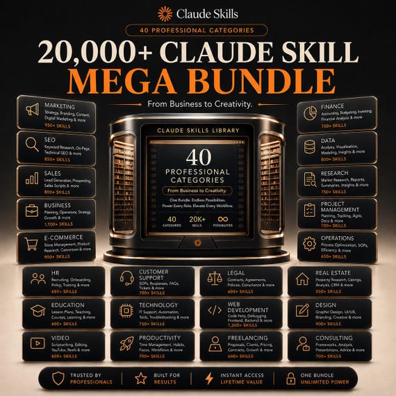 20,000+ Claude Skills Mega Bundle | AI Skill Library, Claude SKILL.md Files, AI Workflows, Business & Productivity, Development, Marketing