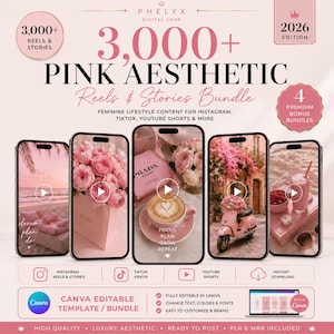 May include: A digital bundle of 3,000+ pink aesthetic reels and stories for social media. The graphic features five smartphone screens displaying pink-themed lifestyle imagery, including flowers, coffee, a scooter, and a beach, with Canva branding.
