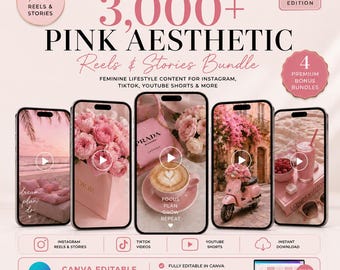3000+ Pink Aesthetic Reels & Instagram Stories Bundle | Feminine Lifestyle Content for Instagram, TikTok, YouTube Shorts + PLR/MRR | Canva