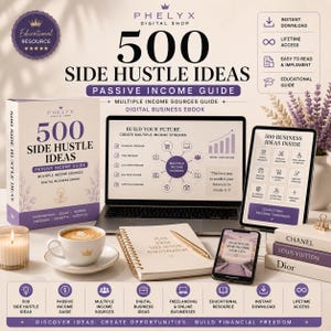 Peut inclure: Un ensemble de produits numériques comprenant un guide de revenus passifs intitulé 500 Side Hustle Ideas, affiché sur un ordinateur portable et une tablette, avec un carnet à spirales, un stylo doré, une tasse de café et des livres empilés.