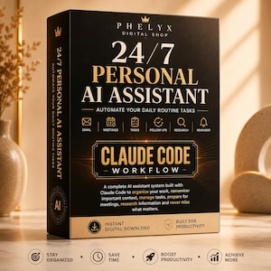 Peut inclure: Une boîte rectangulaire noire avec du texte doré intitulée 24/7 PERSONAL AI ASSISTANT et CLAUDE CODE WORKFLOW. La boîte présente des icônes pour e-mail, réunions, tâches, suivis, recherche et rappels, avec un texte décrivant un système d'IA.