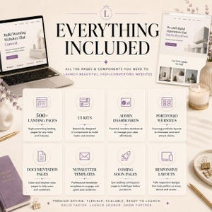 Landing Page Bundle displayed on a laptop showing modern website templates including SaaS, startup, AI, business, eCommerce, portfolio, and dashboard designs built with HTML5, React, Next.js, Bootstrap, Tailwind CSS, Vue, and Angular for web developers and designers.
Everything Included