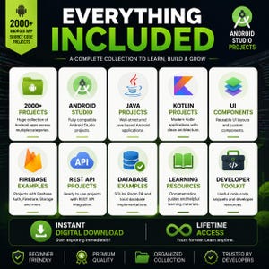 Pu&ograve; includere: Un'infografica digitale intitolata EVERYTHING INCLUDED, A COMPLETE COLLECTION TO LEARN, BUILD & GROW. Presenta dieci icone rettangolari bianche con testo verde e nero, che mostrano progetti Android Studio, Java, Kotlin, componenti UI, Firebase, REST API, database, risorse di apprendimento e un toolkit per sviluppatori.