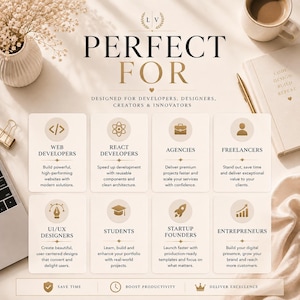 Landing Page Bundle displayed on a laptop showing modern website templates including SaaS, startup, AI, business, eCommerce, portfolio, and dashboard designs built with HTML5, React, Next.js, Bootstrap, Tailwind CSS, Vue, and Angular for web developers and designers.
Perfect for