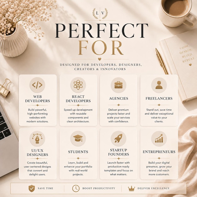 Landing Page Bundle displayed on a laptop showing modern website templates including SaaS, startup, AI, business, eCommerce, portfolio, and dashboard designs built with HTML5, React, Next.js, Bootstrap, Tailwind CSS, Vue, and Angular for web developers and designers.
Perfect for