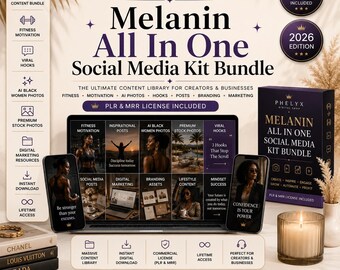 Melanin All In One Complete Bundle Fitness Motivational Inspiring Post Hooks AI Black Women stock photos Digital Marketing Passive Income