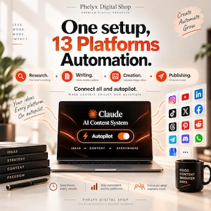 May include: A digital product advertisement for Phelyx Digital Shop featuring a laptop displaying the Claude AI Content System with an autopilot toggle. The graphic includes text about 13 platforms, automation, and icons for social media channels.