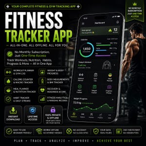 May include: A smartphone displaying a fitness tracker app dashboard with calorie, protein, carb, and fat tracking metrics. The screen shows a weight progress graph at 72.5 kg, workout planner, and meal planner icons. Text includes Fitness Tracker App.