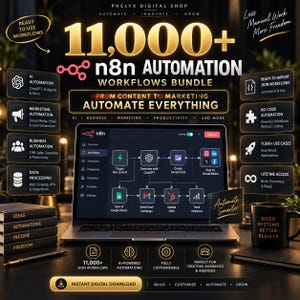 May include: A digital product advertisement for an 11,000+ n8n automation workflows bundle. The image features a laptop displaying an n8n workflow interface, surrounded by text labels detailing automation categories, features, and benefits.