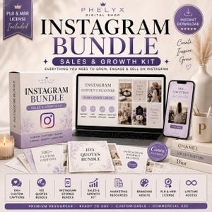 May include: A digital Instagram bundle kit featuring a box, a laptop displaying a content planner, and a smartphone showing a social media post. The set includes printed cards for custom captions, quotes, and stories, all with purple floral accents and text.
