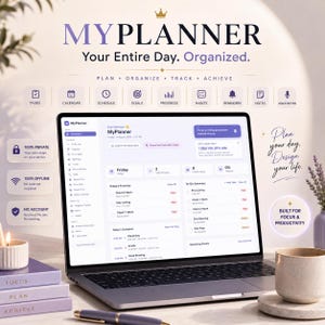 Puede incluir: Un ordenador portátil que muestra la interfaz del software MyPlanner con un panel de control que muestra tareas, horarios y objetivos. La pantalla incluye texto como MyPlanner, Your Entire Day. Organized. y Plan your day. Design your life. La interfaz utiliza un esquema de color morado y blanco con varios iconos de productividad.