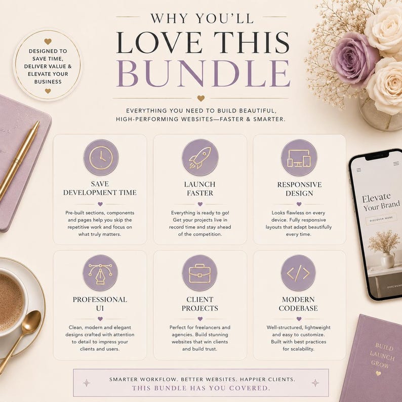 Landing Page Bundle displayed on a laptop showing modern website templates including SaaS, startup, AI, business, eCommerce, portfolio, and dashboard designs built with HTML5, React, Next.js, Bootstrap, Tailwind CSS, Vue, and Angular for web developers and designers.
Who will love this