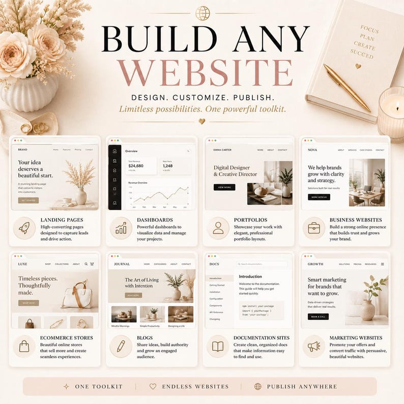 Landing Page Bundle displayed on a laptop showing modern website templates including SaaS, startup, AI, business, eCommerce, portfolio, and dashboard designs built with HTML5, React, Next.js, Bootstrap, Tailwind CSS, Vue, and Angular for web developers and designers.
build any website