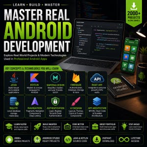 Pu&ograve; includere: Un grafico educativo digitale intitolato Master Real Android Development che mostra un portatile con codice, uno smartphone con icone di app e un taccuino. Elenca concetti chiave come Java, Kotlin, Firebase e REST API con icone.