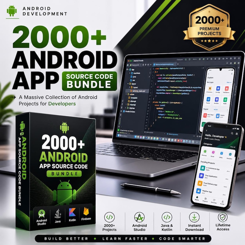 Pu&ograve; includere: Un pacchetto di prodotti digitali con una scatola etichettata 2000+ Android App Source Code Bundle, un computer portatile che mostra codice e uno smartphone con un'interfaccia app. Il design include il logo Android e icone per Java e Kotlin.