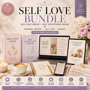Peut inclure: Un ensemble numérique d'auto-amour comprenant deux livres électroniques intitulés Self Love Ebook et Self Acceptance Ebook, un ordinateur portable, une tablette, un carnet à spirales avec le texte love yourself first, une tasse et une bougie.