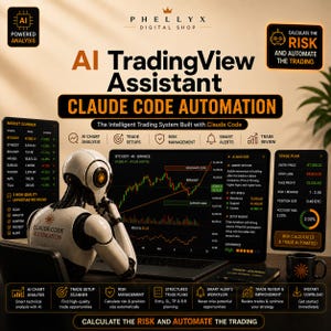 May include: A digital graphic for an AI TradingView Assistant featuring a white robot looking at a laptop screen displaying financial charts. Text includes AI TradingView Assistant, Claude Code Automation, Market Scanner, and Trade Plan details.