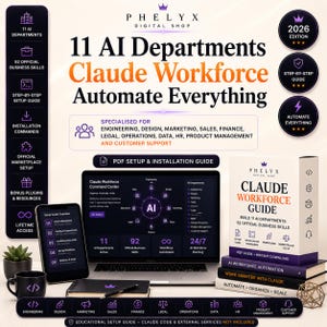 May include: A digital product bundle titled 11 AI Departments Claude Workforce Automate Everything, featuring a laptop displaying a command centre, a printed guide, a tablet with setup steps, and icons for engineering, design, marketing, and sales.
