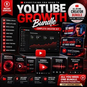 May include: A digital YouTube growth bundle featuring a laptop displaying channel analytics, surrounded by various graphic elements including thumbnail templates, motion graphics, sound effects, and royalty-free music icons with red and black color schemes.