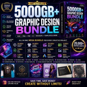 5000GB+ Graphic Design Bundle | SVG Png PSD AI Mockups Icons Templates Social Media Graphics Mega Design Pack
