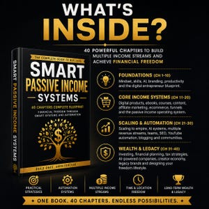 May include: A book titled "Smart Passive Income Systems" with gold lettering and a black cover. The book promises financial freedom through smart systems and automation. The image also includes text about building multiple income streams.