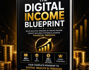 Könnte beinhalten: Ein schwarzes Hardcover-Buch mit dem Titel "The Digital Income Blueprint" mit goldfarbenen Buchstaben. Das Cover zeigt eine Grafik mit einem aufwärts gerichteten Trend und den Text "Build Multiple Streams of Online Income". Das Buch verspricht einen Fahrplan zu digitalem Reichtum und Freiheit.