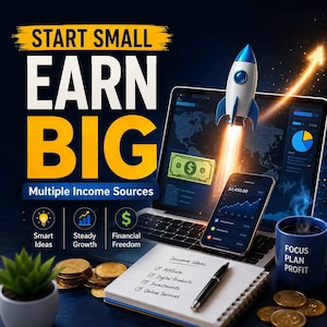 May include: A digital graphic featuring the text START SMALL EARN BIG and Multiple Income Sources. A laptop displays a rocket launching, a smartphone shows financial charts, and a notebook lists income ideas. A blue mug reads FOCUS PLAN PROFIT.