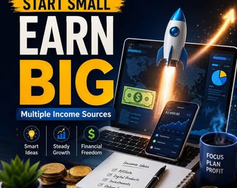 Könnte beinhalten: Eine digitale Grafik mit dem Text START SMALL EARN BIG und Multiple Income Sources. Ein Laptop zeigt eine startende Rakete, ein Smartphone zeigt Finanzdiagramme und ein Notizbuch listet Einkommensideen auf. Ein blauer Becher trägt FOCUS PLAN PROFIT.
